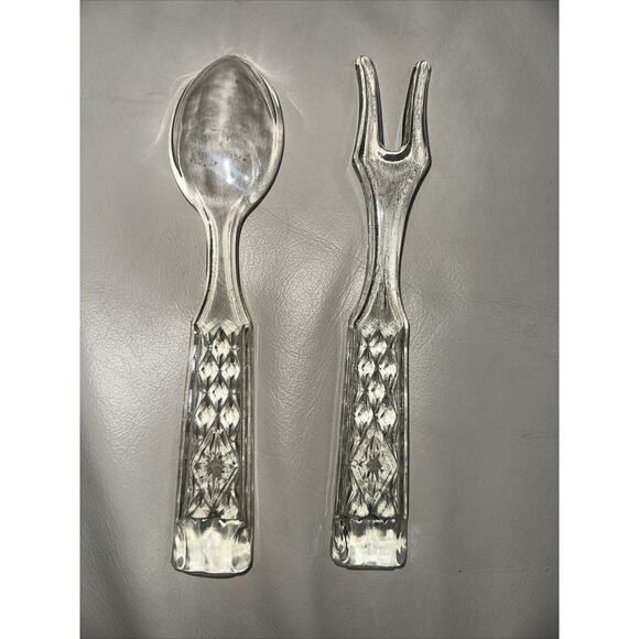 Vintage Glass 9.5" Serving Fork And Spoon Set Embossed Diamond Pattern EUC - Picture 2 of 7